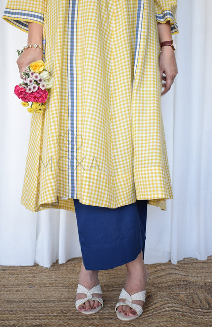 Daisy Yellow Bias Panelled Kurta in Handloom Checks with slip