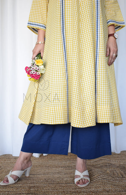Daisy Yellow Bias Panelled Kurta in Handloom Checks with slip