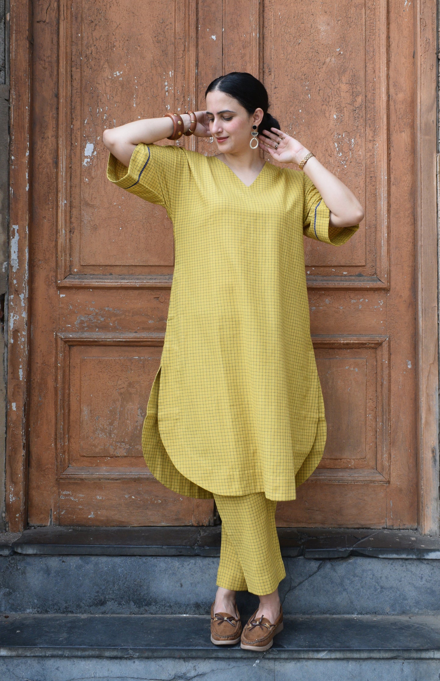 Yellow Co-ord Set in Handwoven Cotton Checks