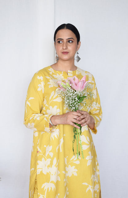 Yellow Floral Kurta with Striped Pajama