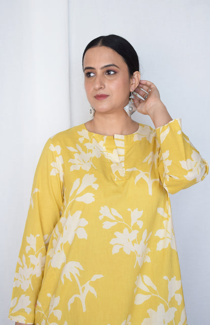 Yellow Floral Kurta with Striped Pajama