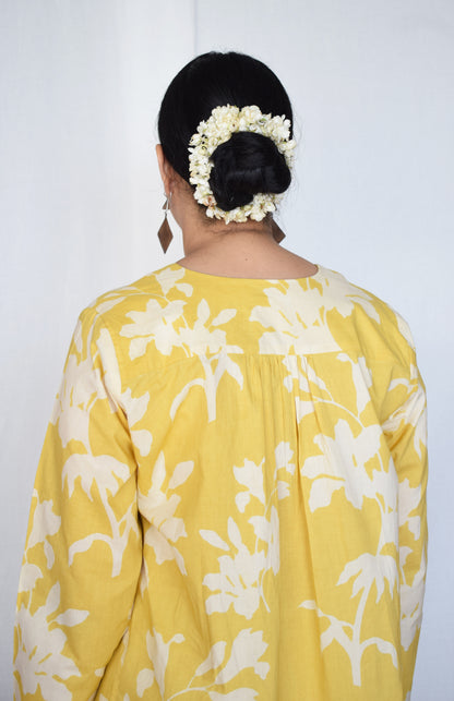 Yellow Floral Kurta with Striped Pajama