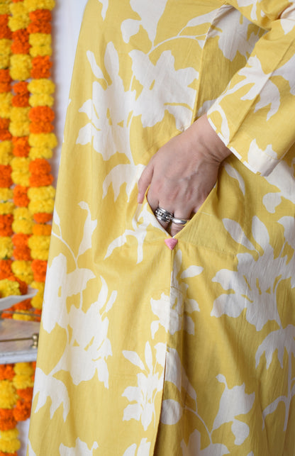 Yellow Floral Kurta with Striped Pajama