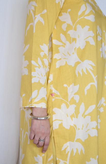 Yellow Floral Kurta with Striped Pajama