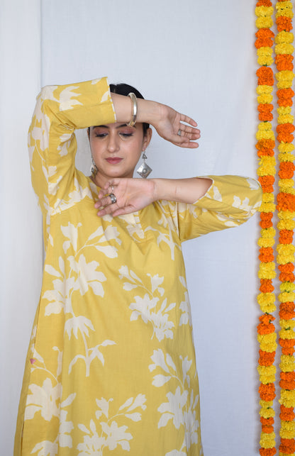 Yellow Floral Kurta with Striped Pajama