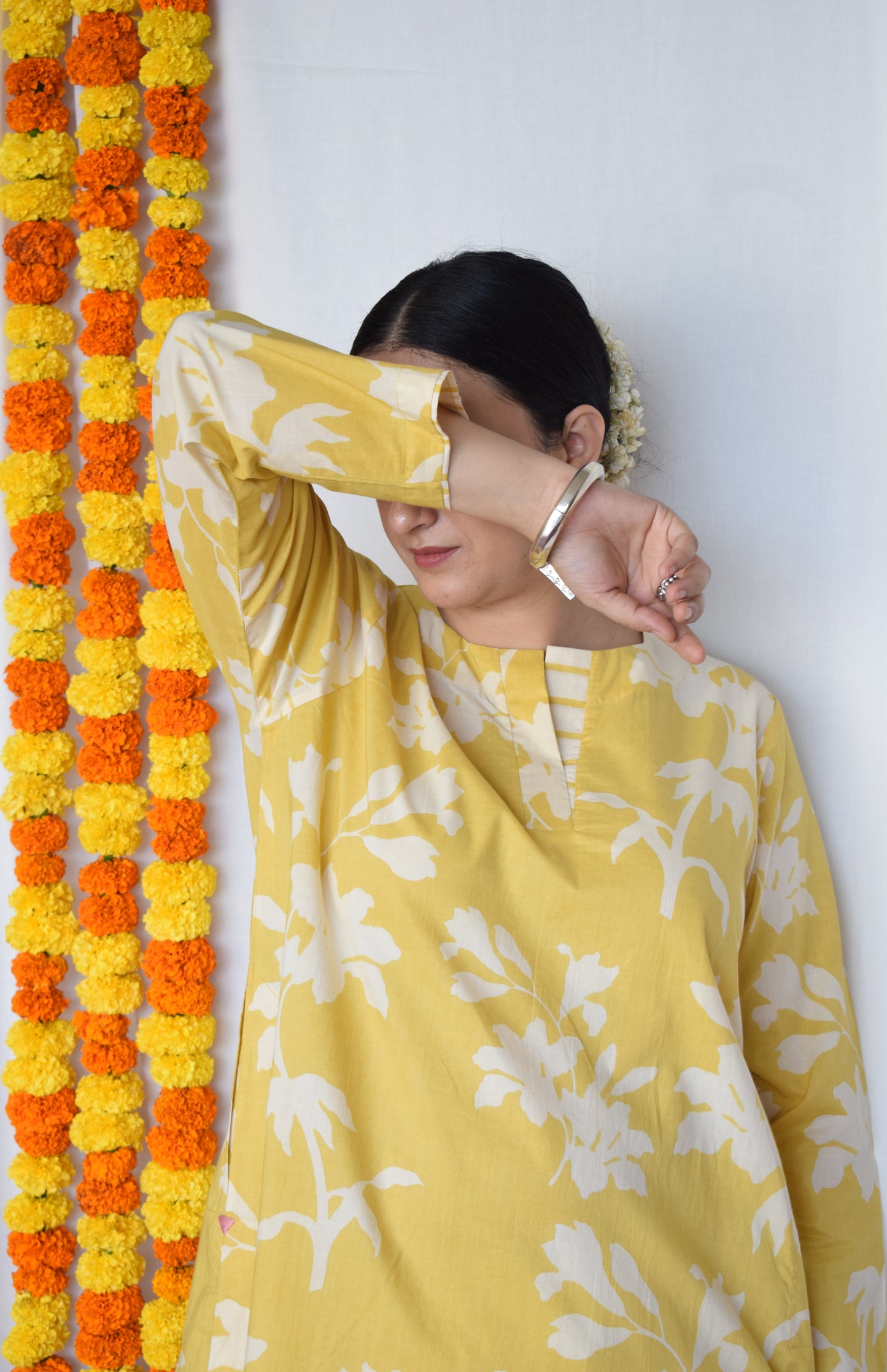 Yellow Floral Kurta with Striped Pajama