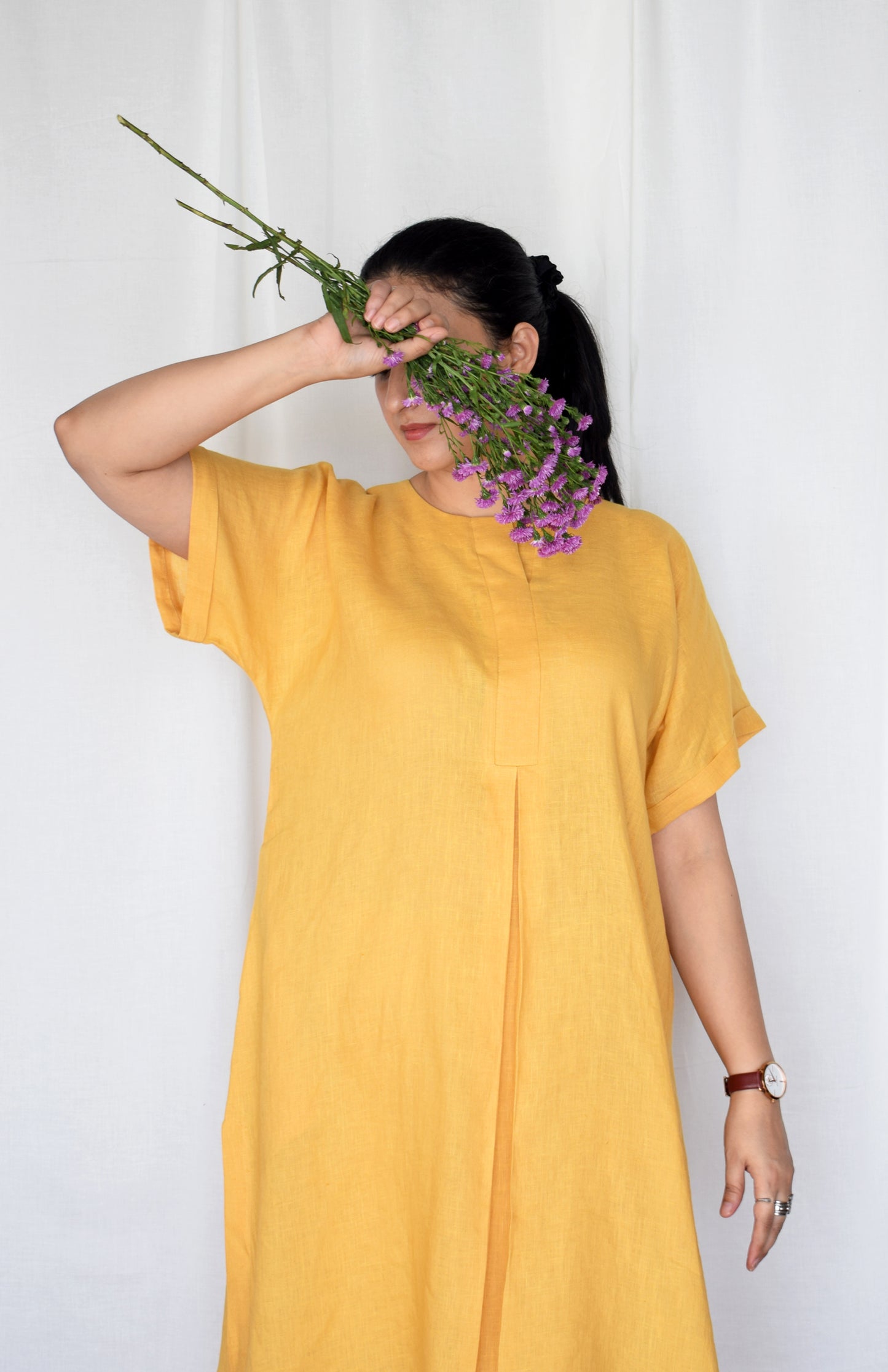 Yellow Linen Choga with short sleeves