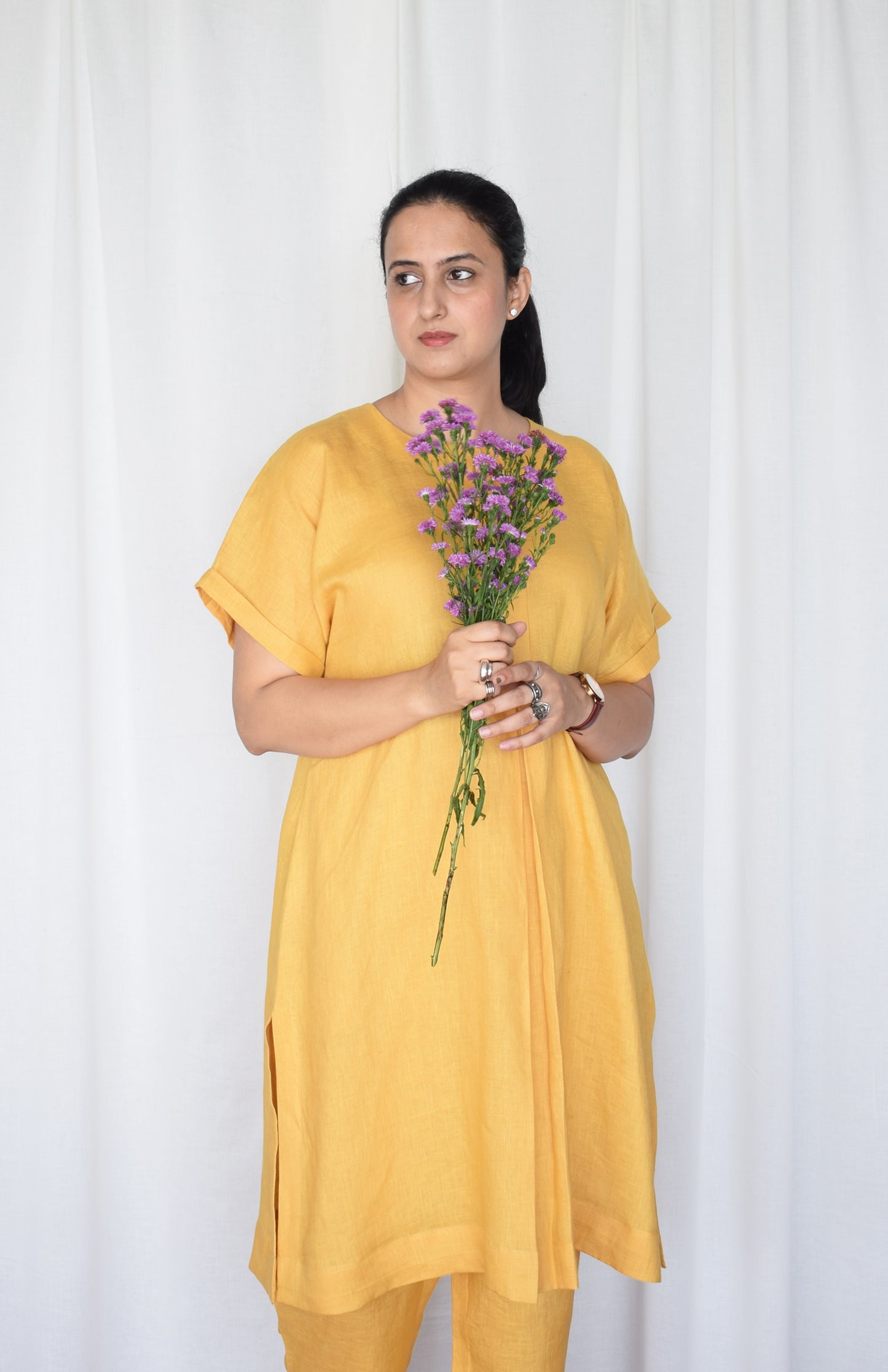 Yellow Linen Choga with short sleeves