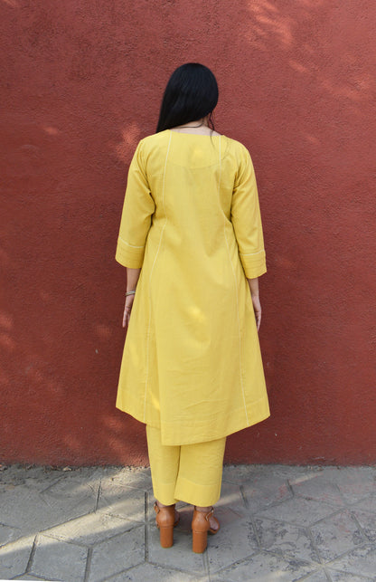 Yellow A line Cotton Kurta with Panels and yellow pajama
