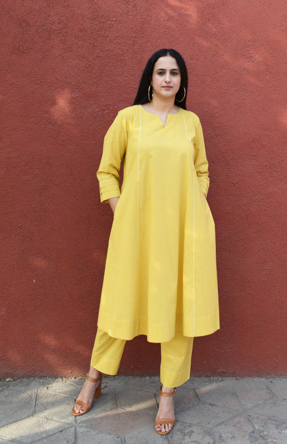 Yellow A line Cotton Kurta with Panels and yellow pajama