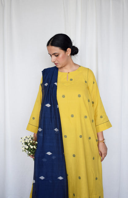 Sunshine Yellow Jamdani kurta with side gathers