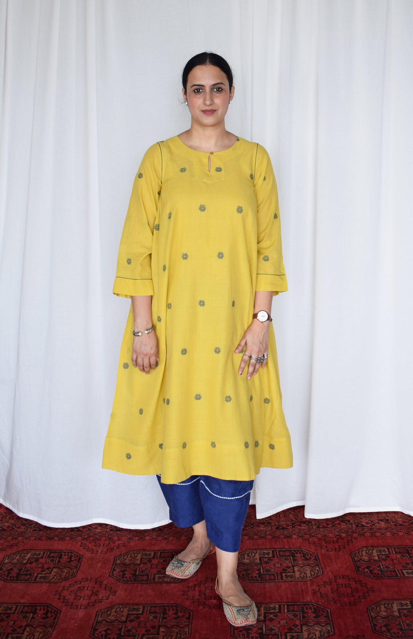 Sunshine Yellow Jamdani kurta with side gathers