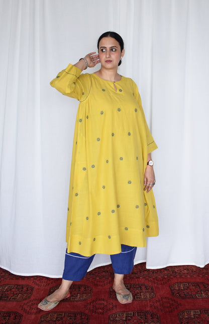 Sunshine Yellow Jamdani kurta with side gathers