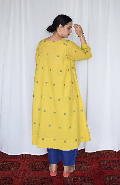 Sunshine Yellow Jamdani kurta with side gathers