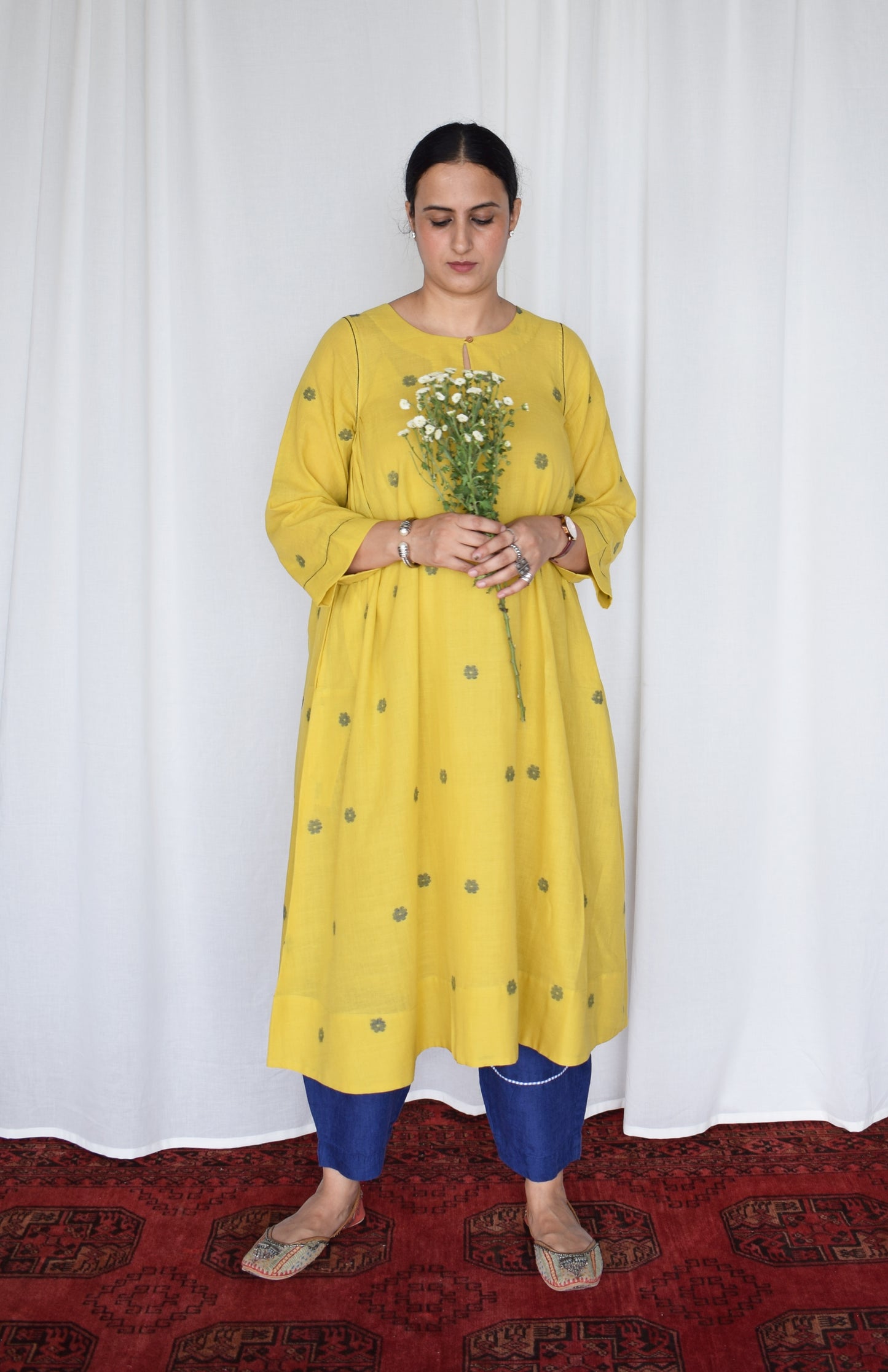 Sunshine Yellow Jamdani kurta with side gathers