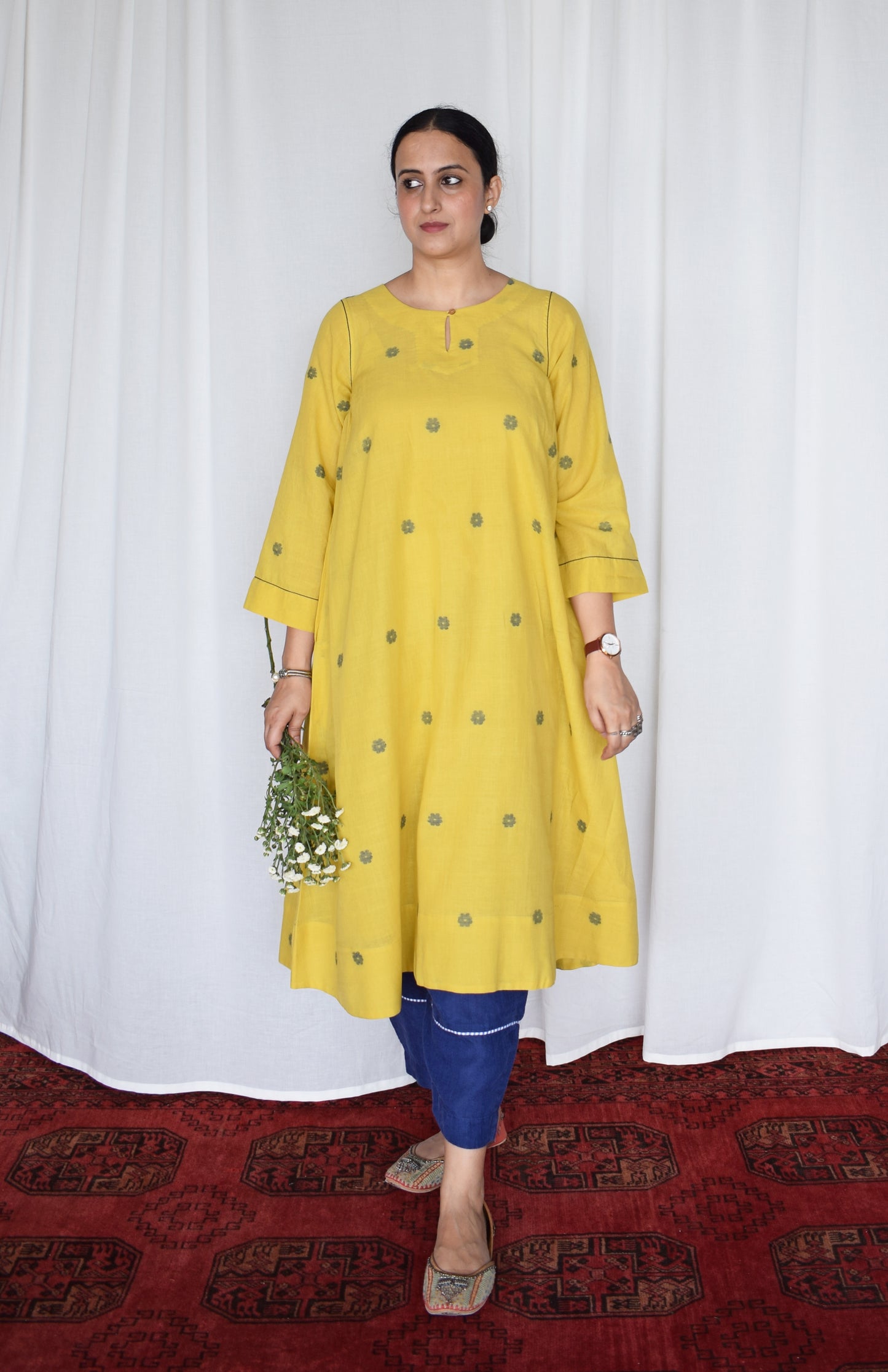 Sunshine Yellow Jamdani kurta with side gathers