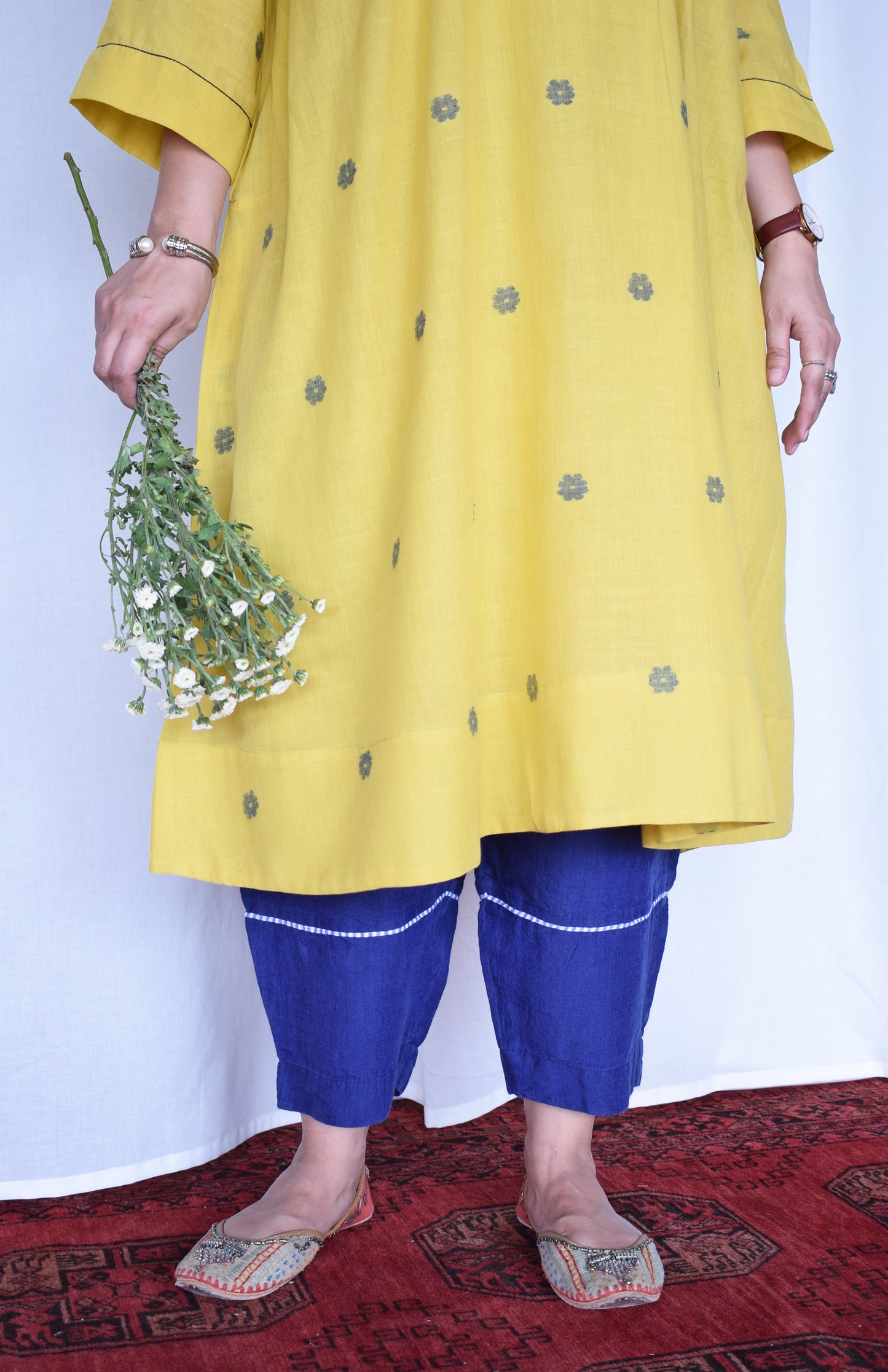 Sunshine Yellow Jamdani kurta with side gathers