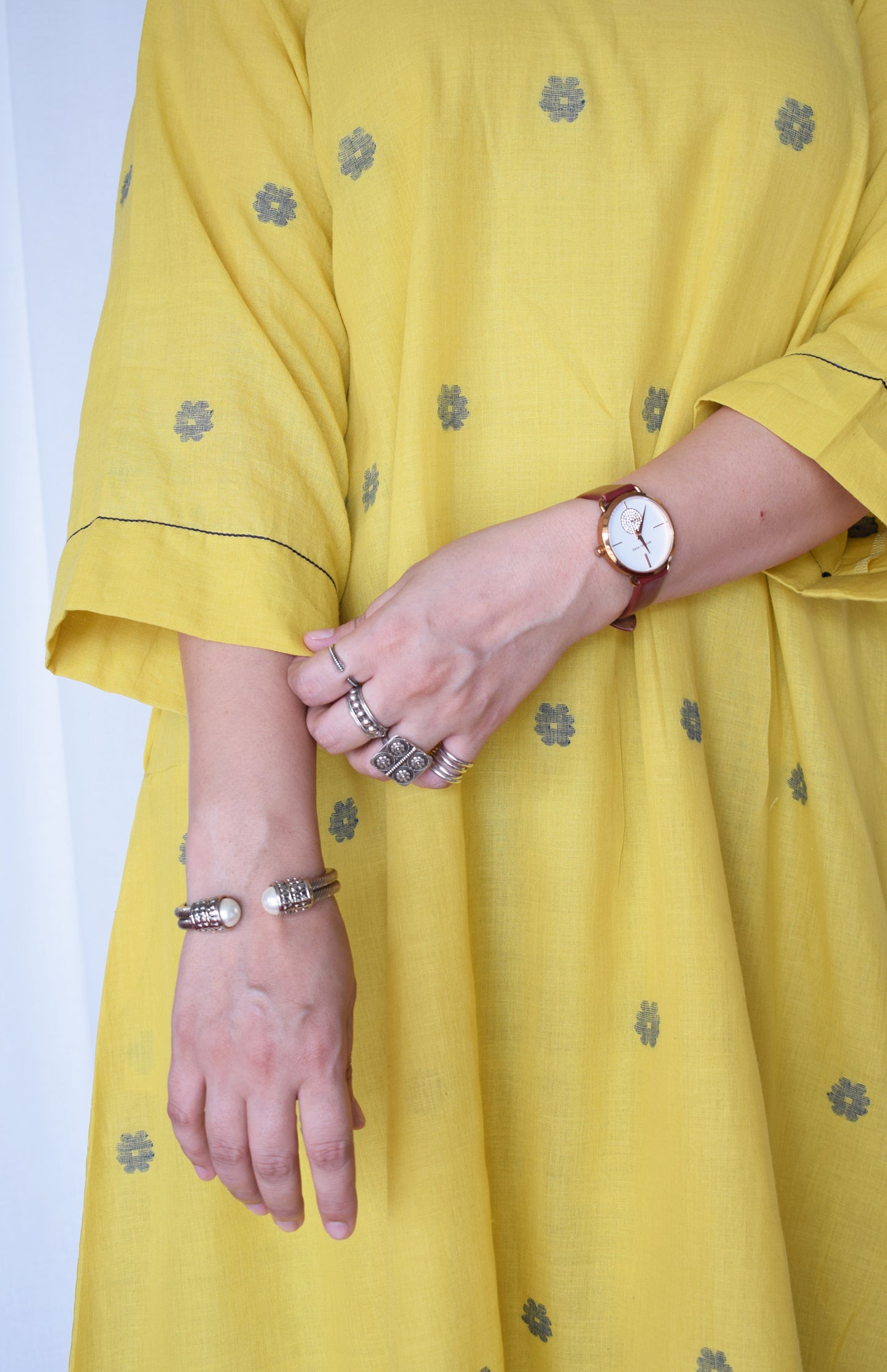 Sunshine Yellow Jamdani kurta with side gathers