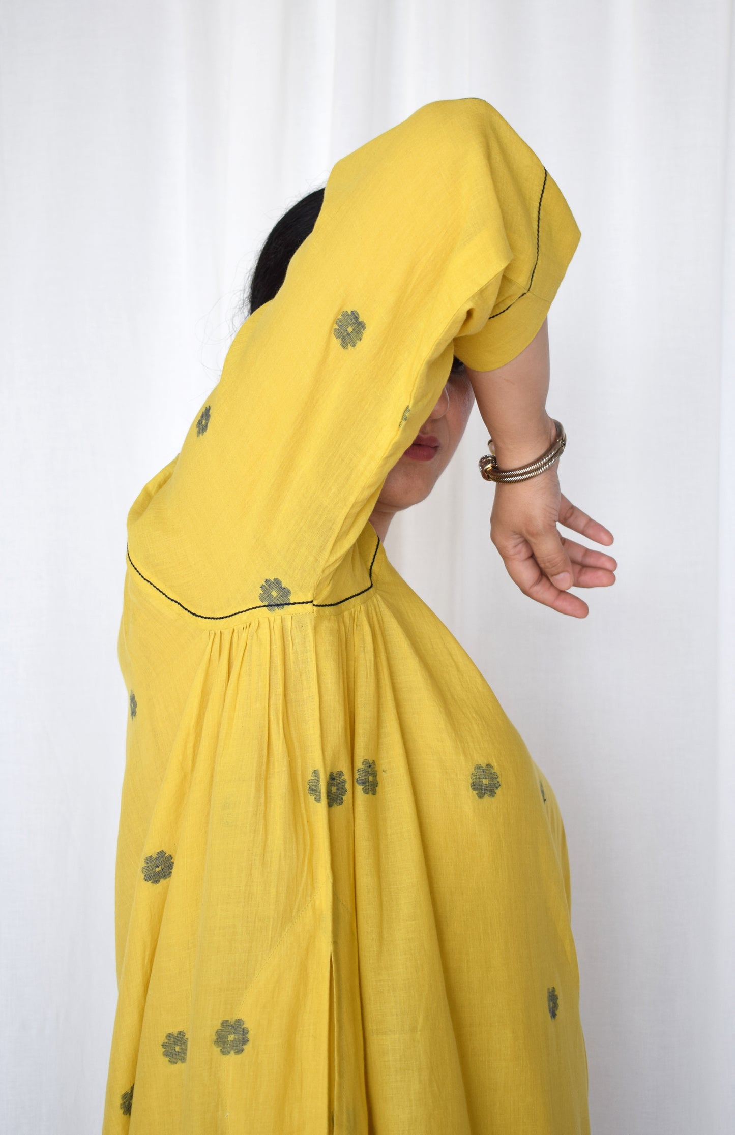 Sunshine Yellow Jamdani kurta with side gathers