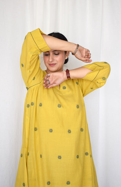 Sunshine Yellow Jamdani kurta with side gathers