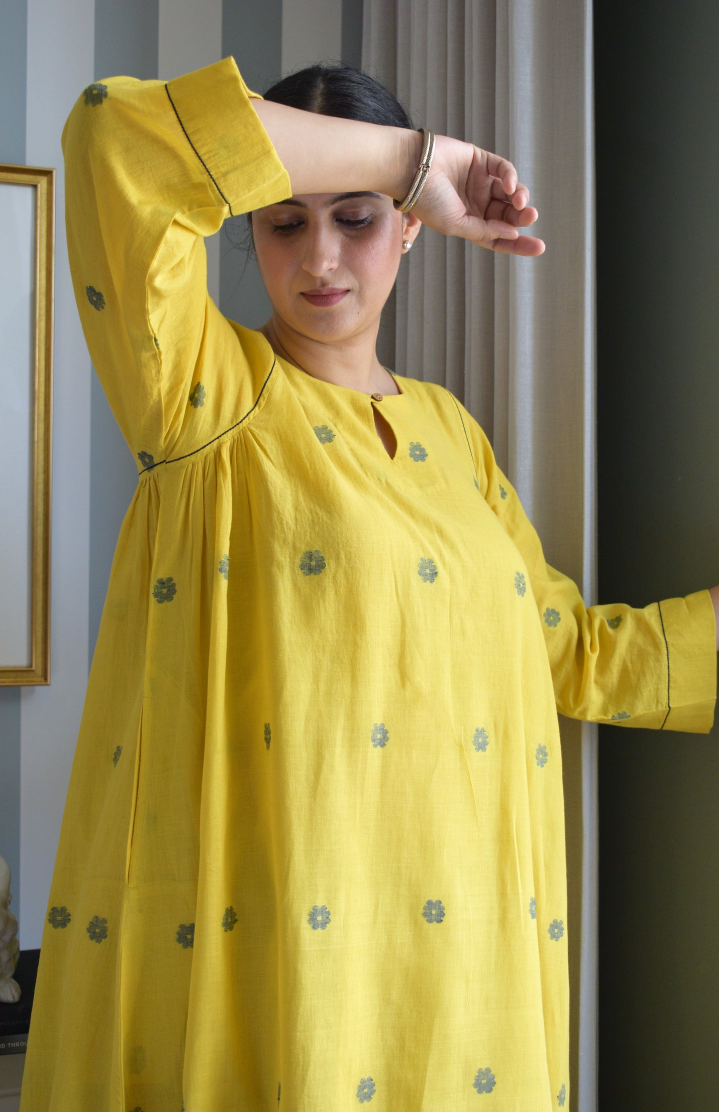 Sunshine Yellow Jamdani kurta with side gathers