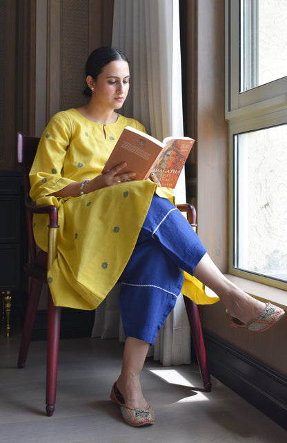 Sunshine Yellow Jamdani kurta with side gathers