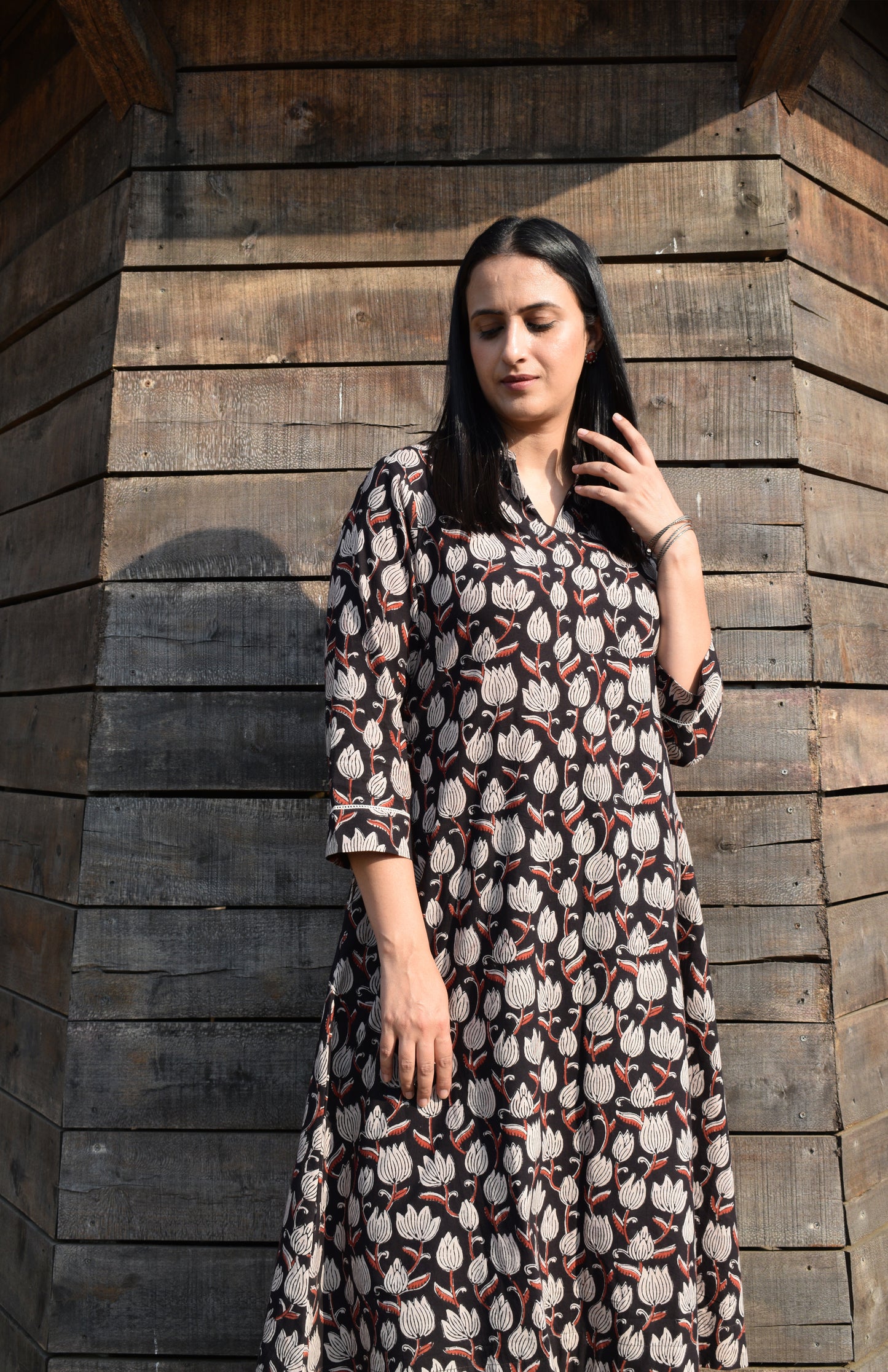 Black Block Printed Cotton Kurta with collar