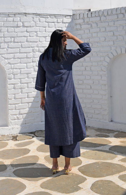 Dark Blue Kurta with Raglan sleeve & Placket and Wide-legged Pyjama in Handwoven Checks