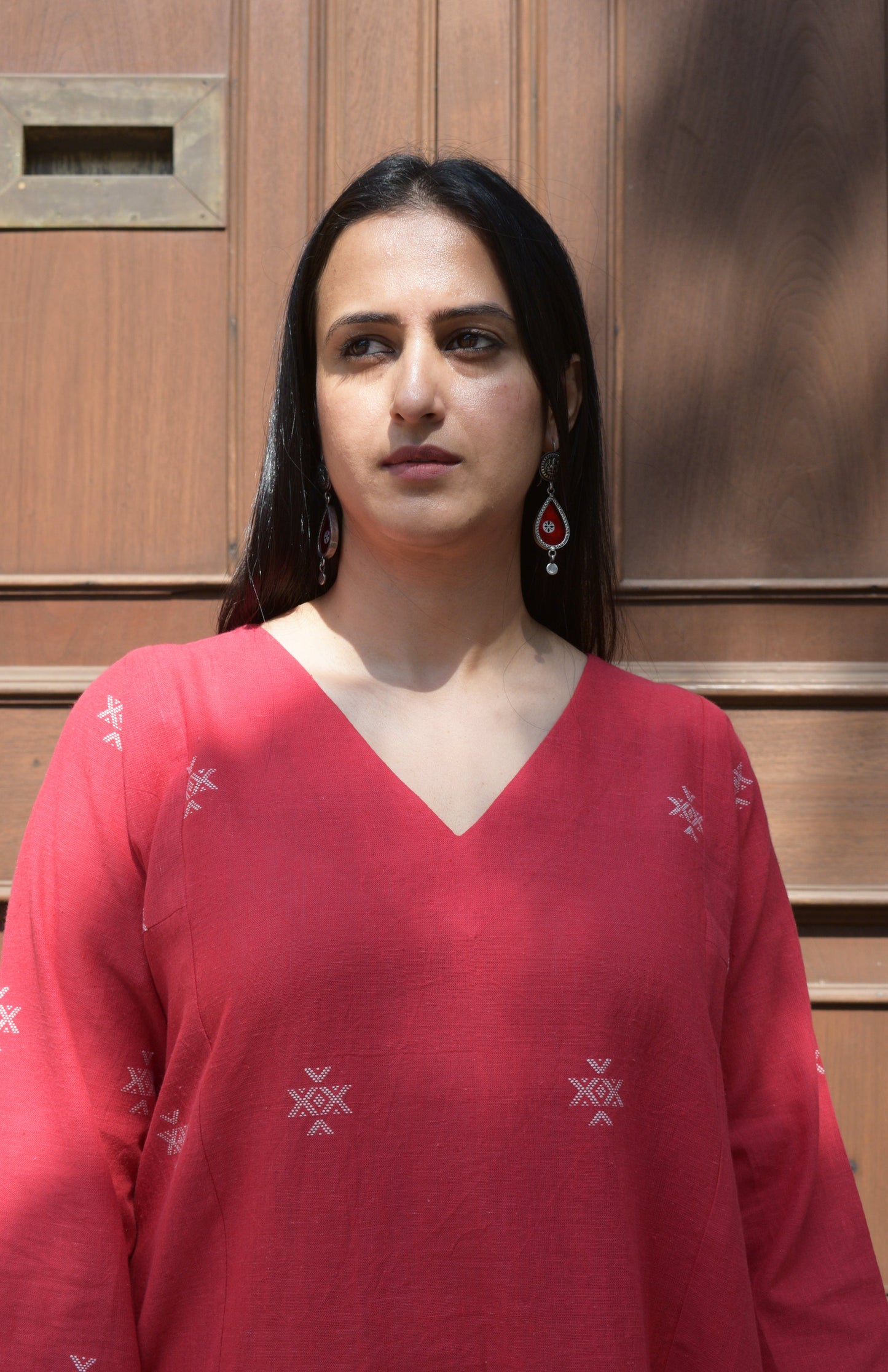 Red A line kala cotton kurta with V neck