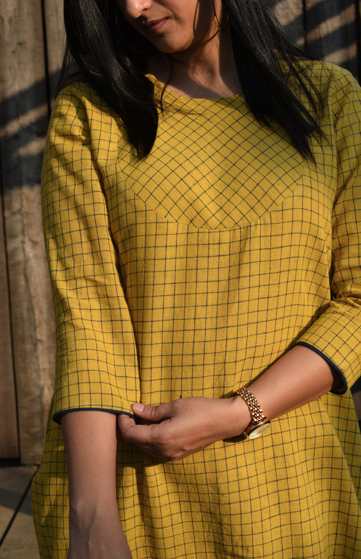 Yellow handwoven checks kurta set with yoke and pyjama