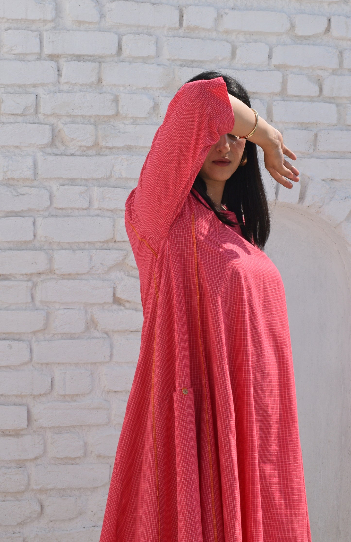 Pink Flared Kurta in handwoven checks