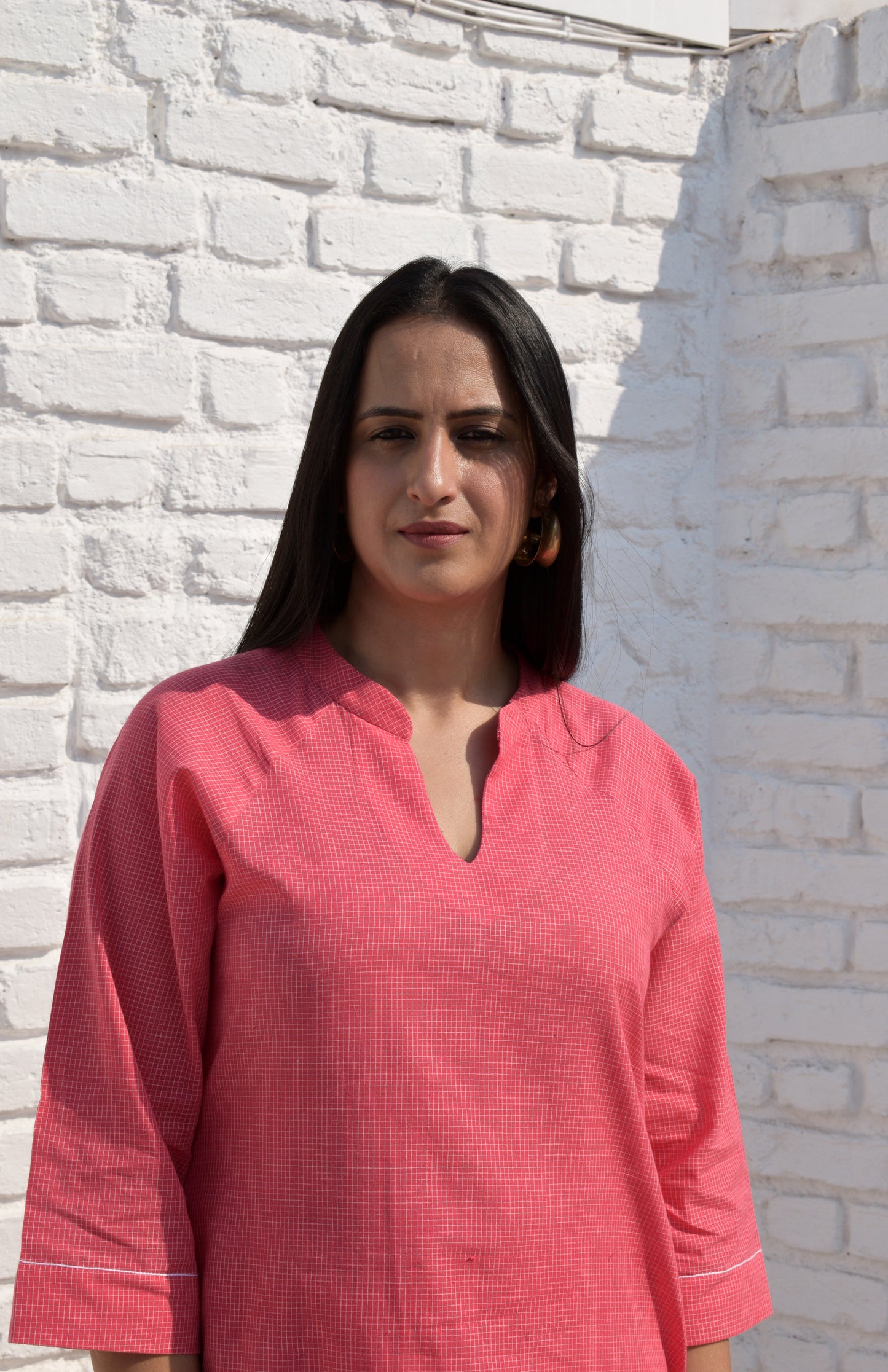 Pink Kurta set with Raglan sleeve and Wide-legged Pyjama in Handwoven Checks