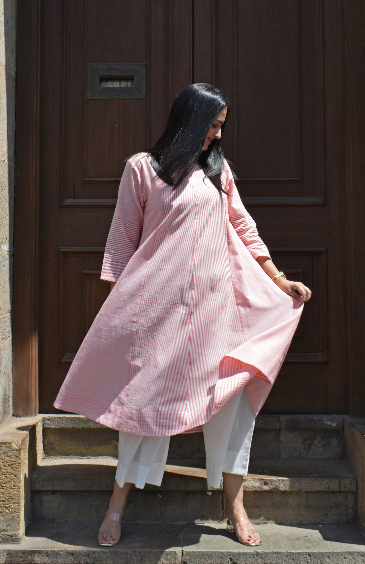 Coral Stripe Bias Paneled kurta in Handwoven cotton