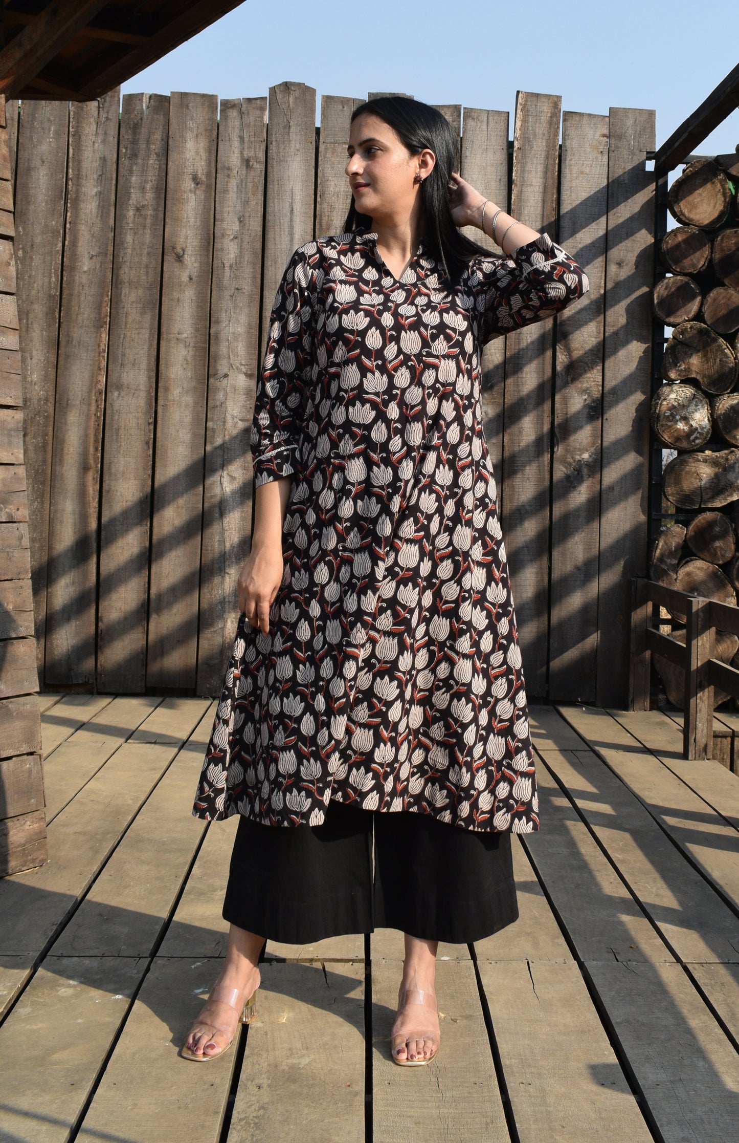 Black Block Printed Cotton Kurta with collar