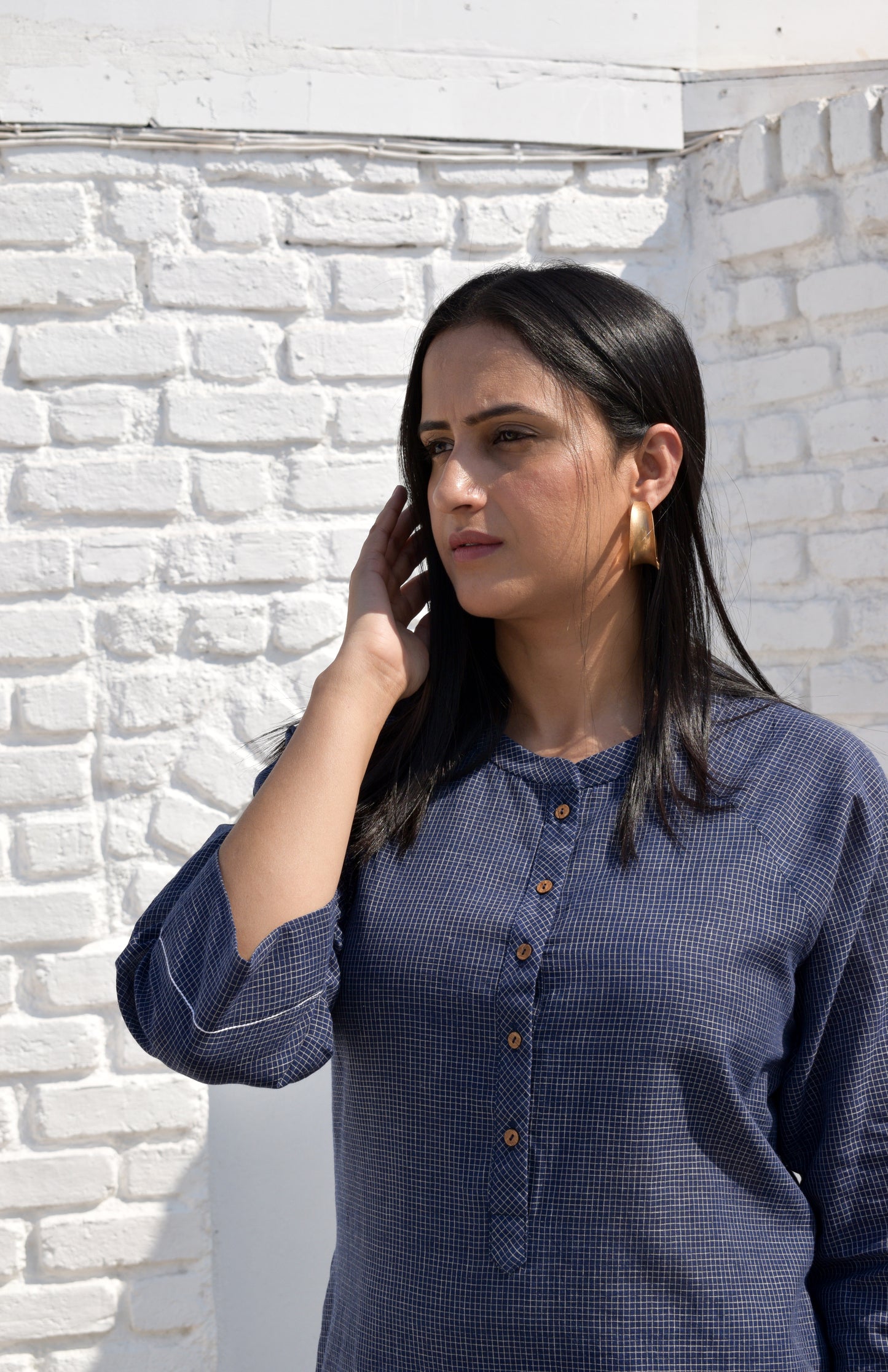 Dark Blue Kurta with Raglan sleeve & Placket and Wide-legged Pyjama in Handwoven Checks