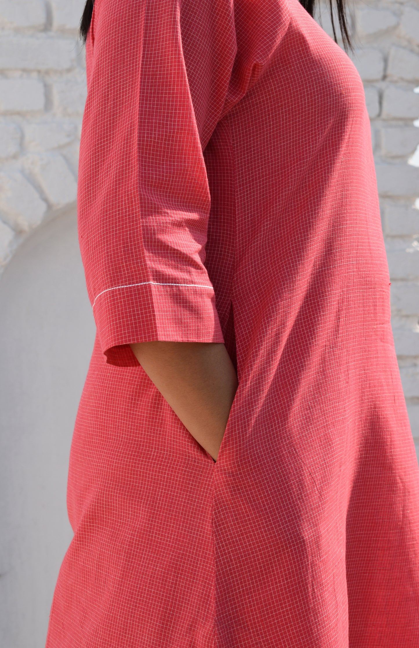 Pink Kurta set with Raglan sleeve and Wide-legged Pyjama in Handwoven Checks