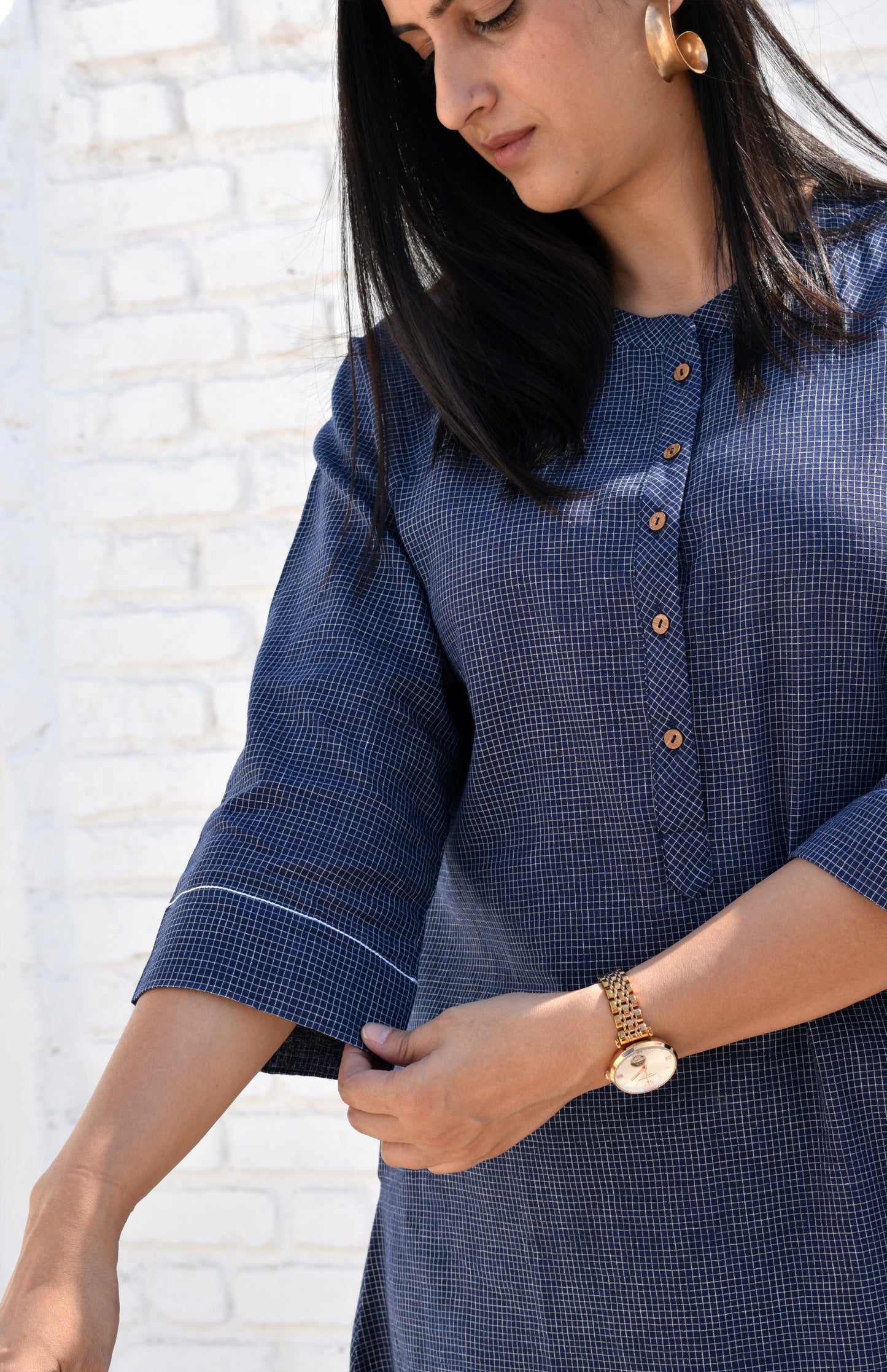 Dark Blue Kurta with Raglan sleeve & Placket and Wide-legged Pyjama in Handwoven Checks