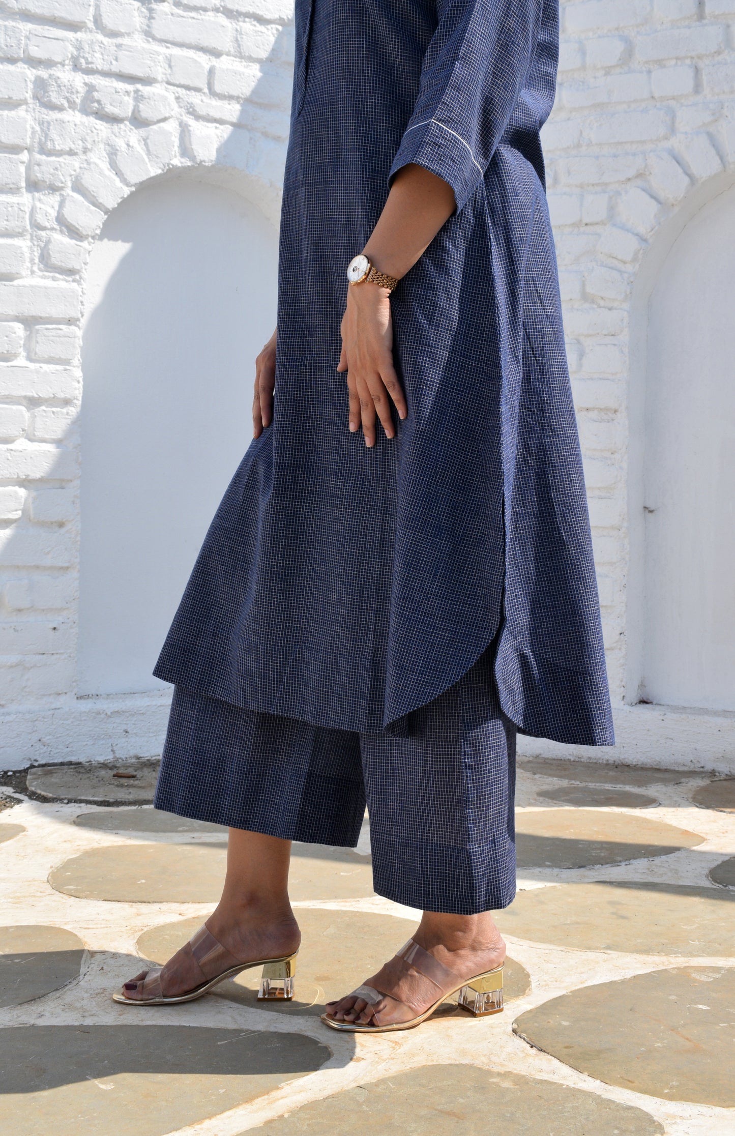 Dark Blue Kurta with Raglan sleeve & Placket and Wide-legged Pyjama in Handwoven Checks
