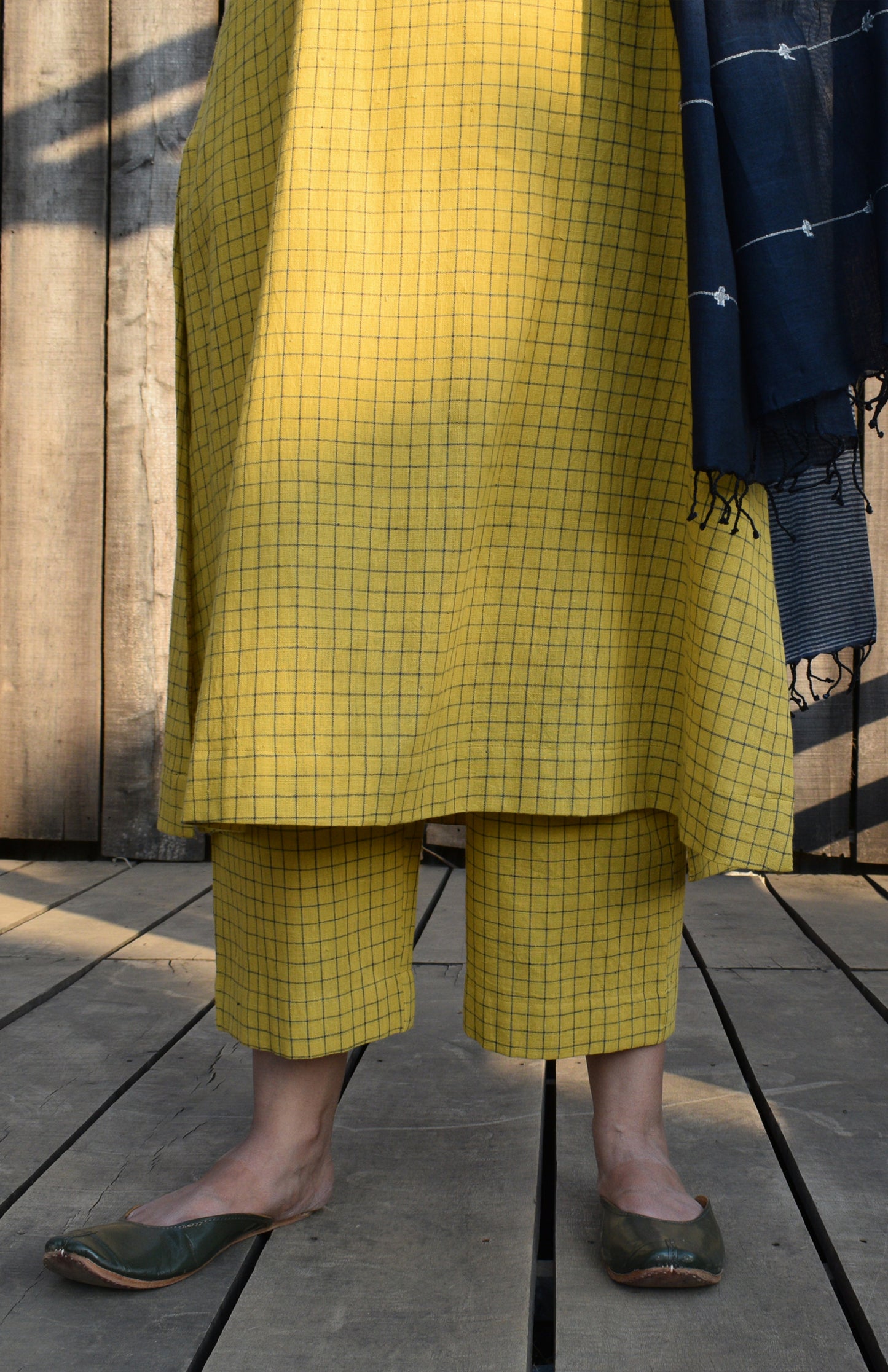 Yellow handwoven checks kurta set with yoke and pyjama