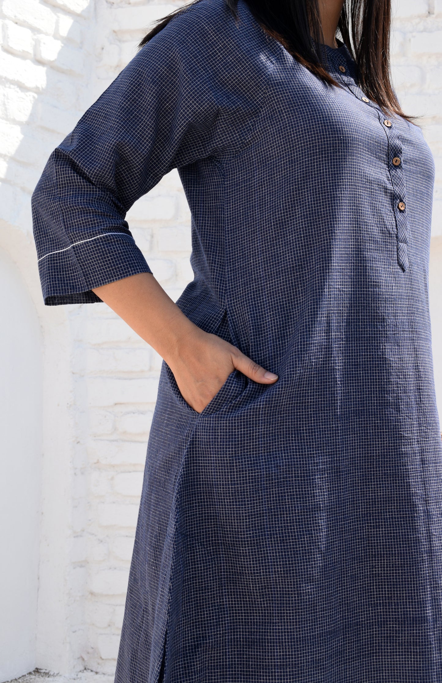 Dark Blue Kurta with Raglan sleeve & Placket and Wide-legged Pyjama in Handwoven Checks