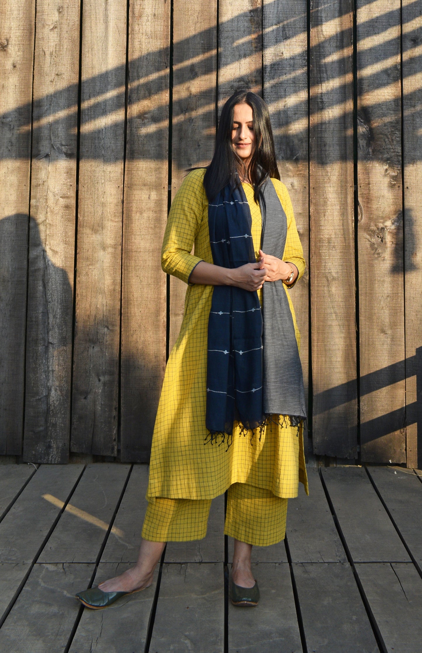 Yellow handwoven checks kurta set with yoke and pyjama