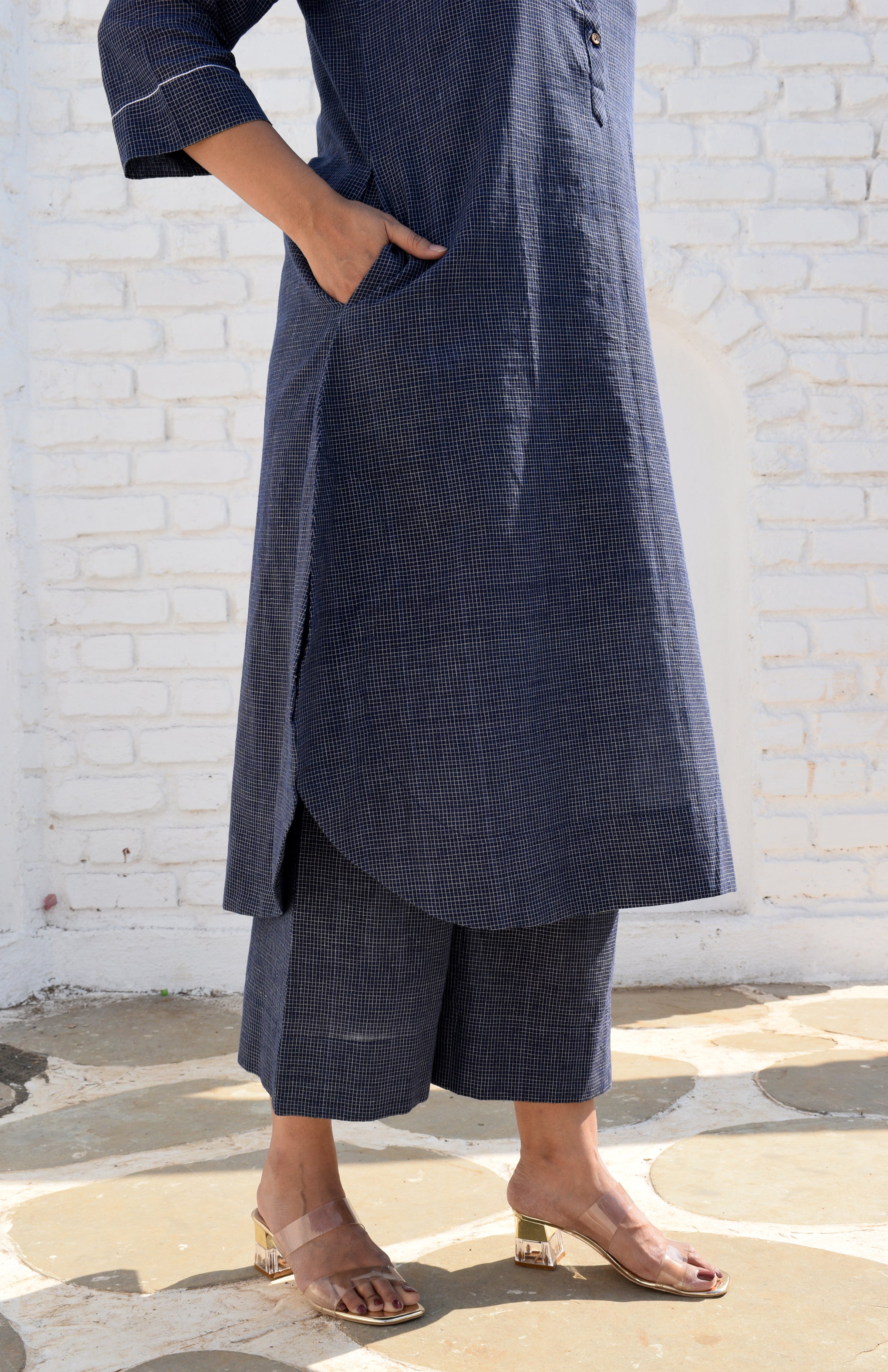 Dark Blue Handwoven Checks Pyjama – House of Moxa