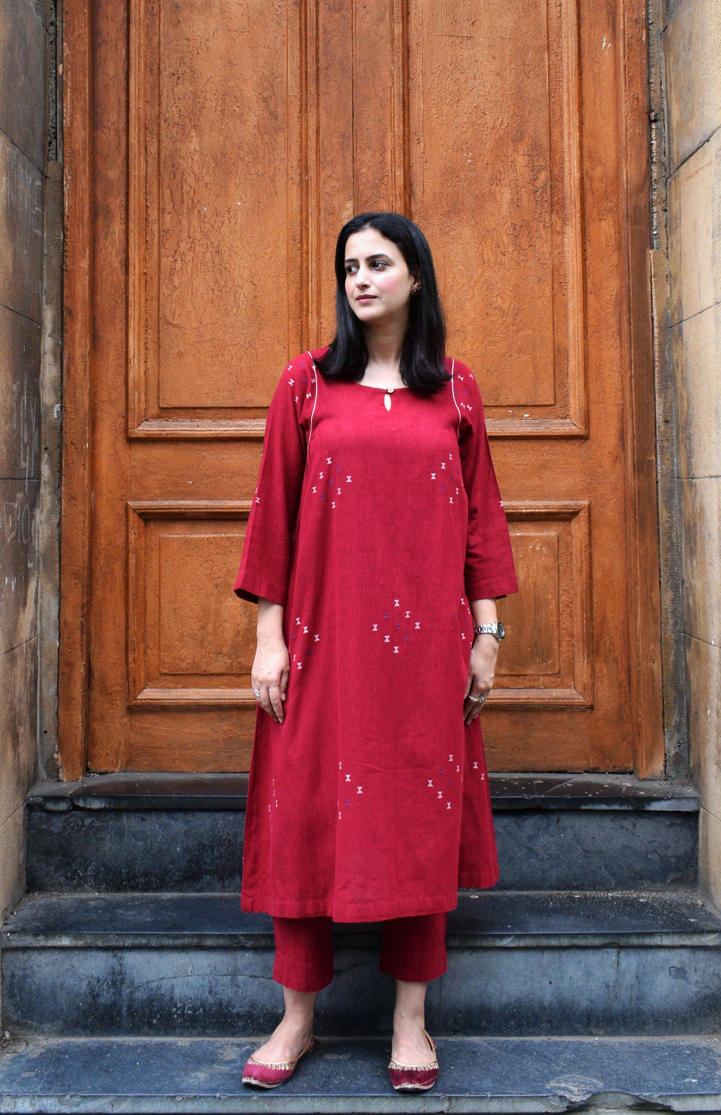 Maroon kala cotton kurta with side gathers