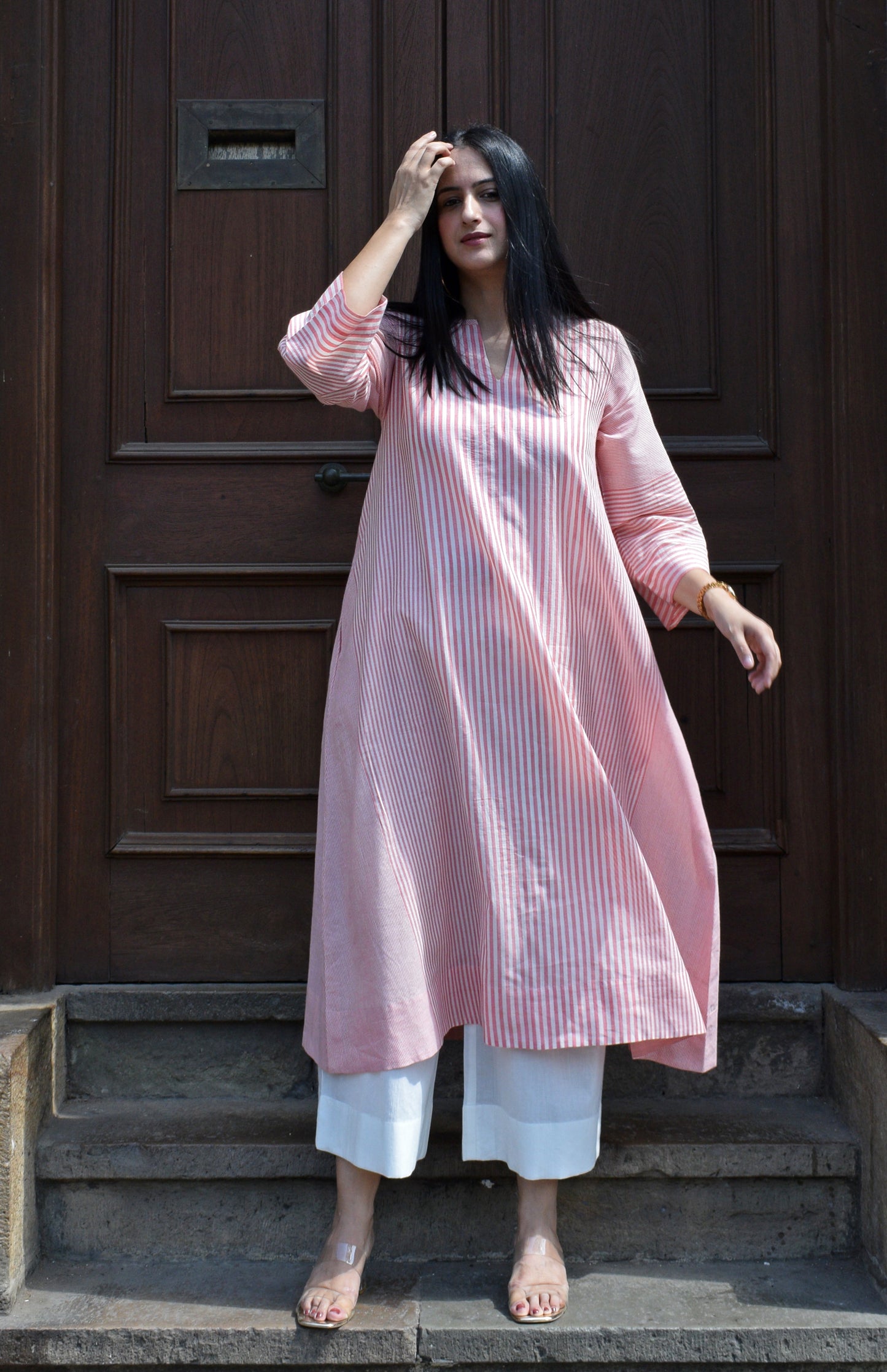 Coral Stripe A line kurta in Handwoven cotton