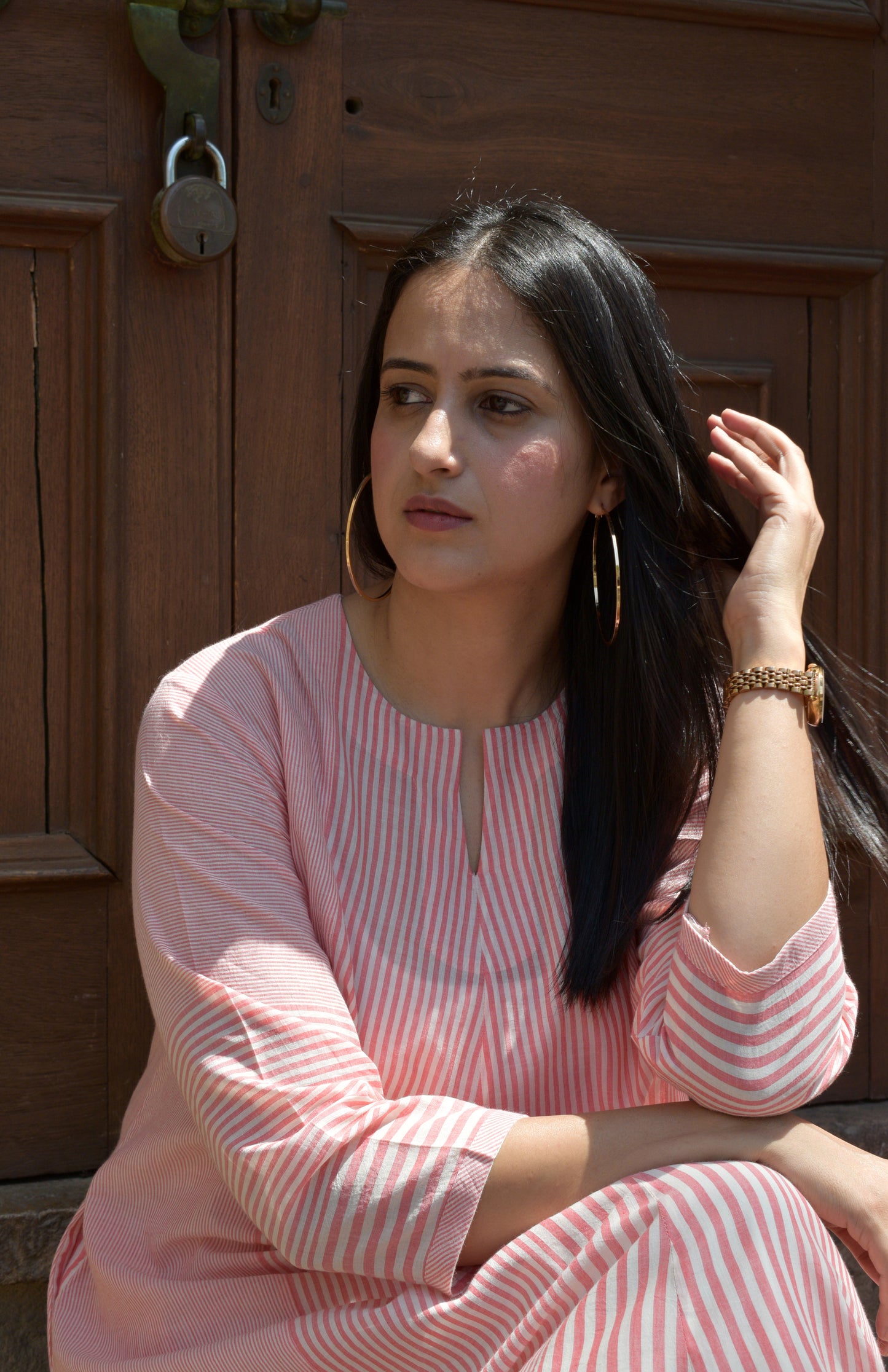 Coral Stripe Bias Paneled kurta in Handwoven cotton