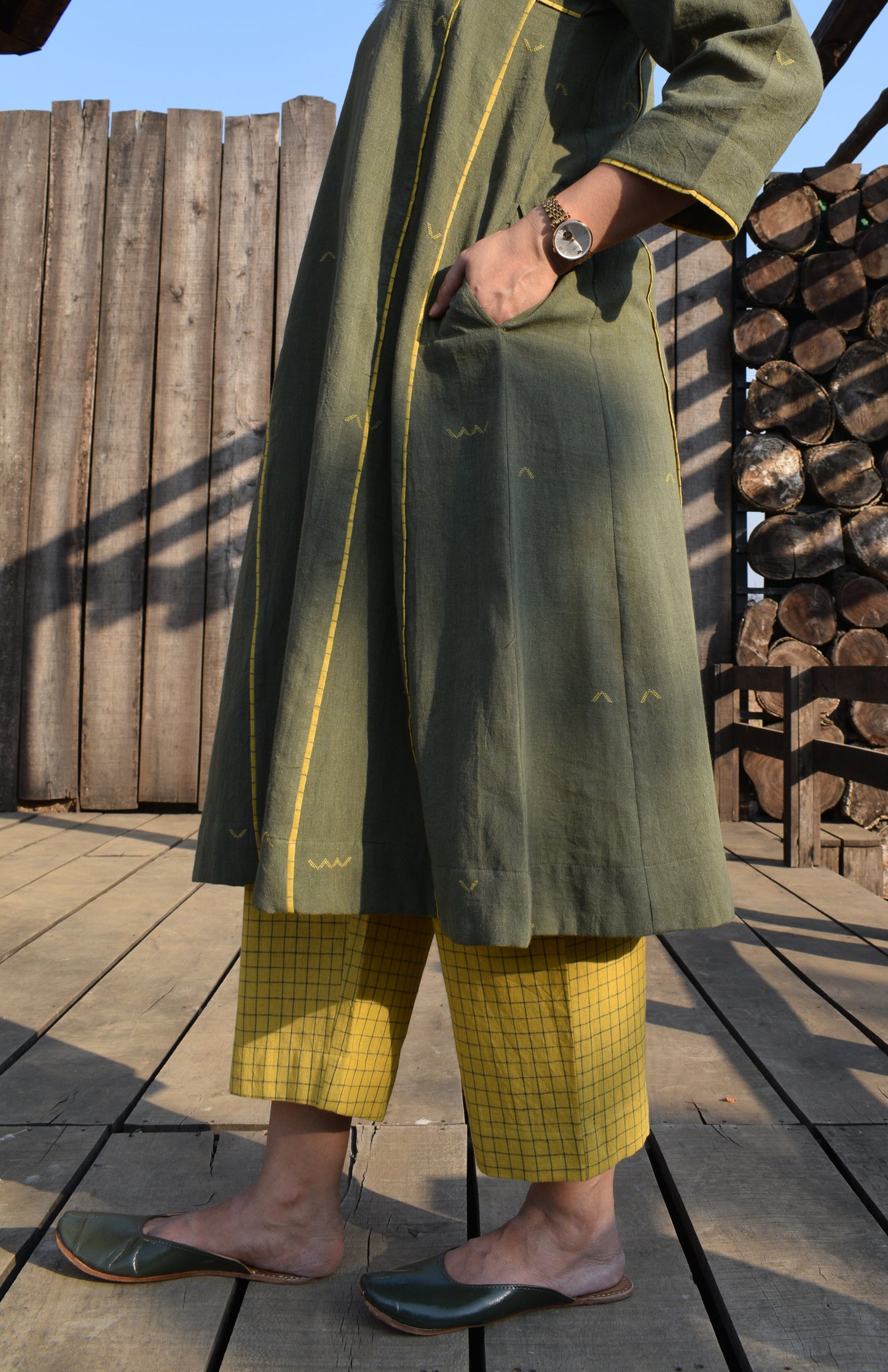 Olive Kala cotton Phiran with V neck and yellow checks pyjama
