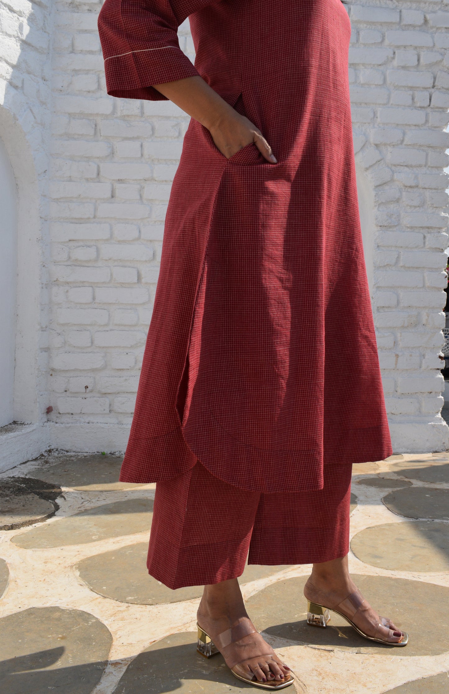 Maroon Kurta set with Raglan sleeve and Wide-legged Pyjama in Handwoven Checks