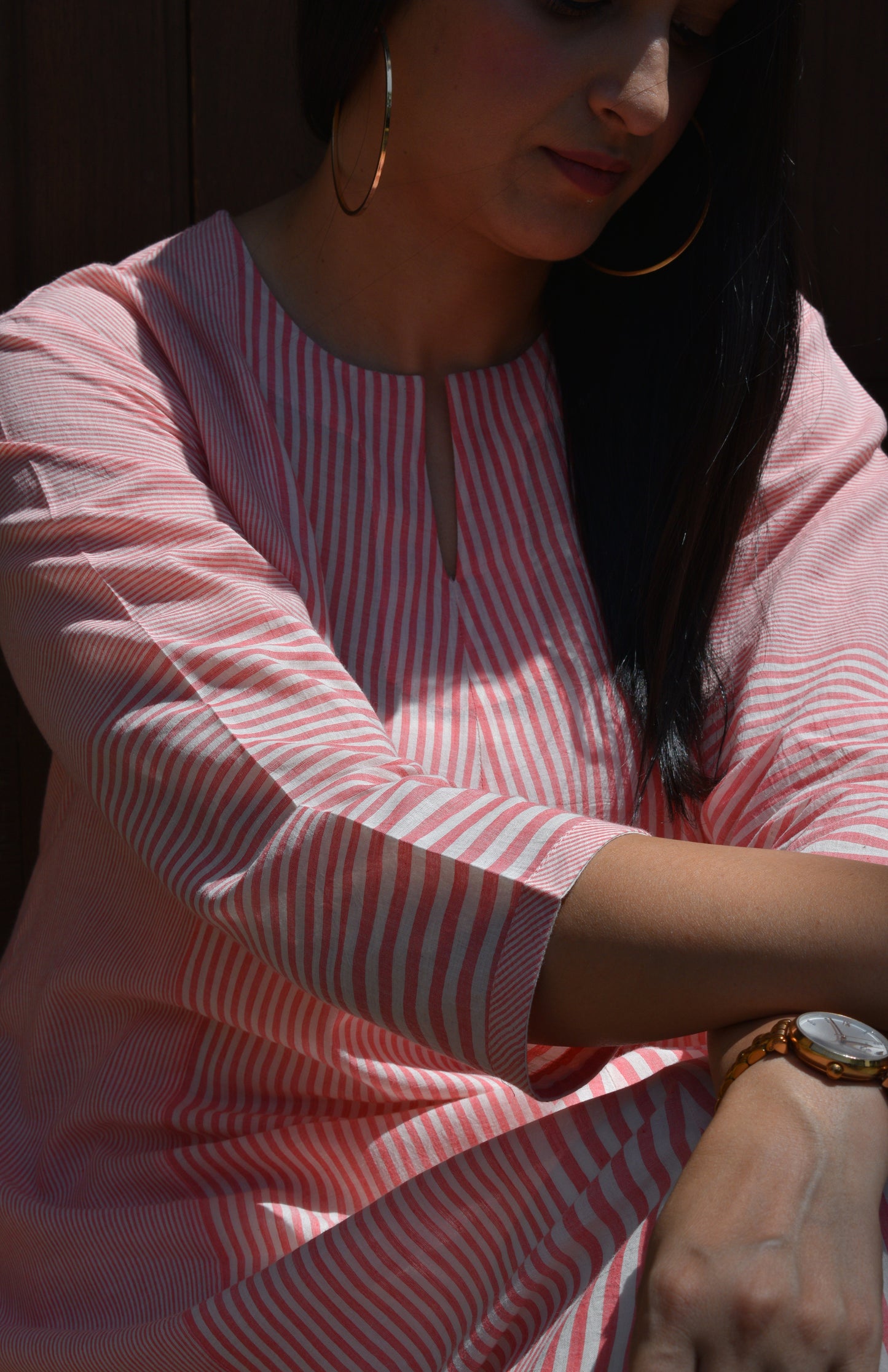 Coral Stripe Bias Paneled kurta in Handwoven cotton