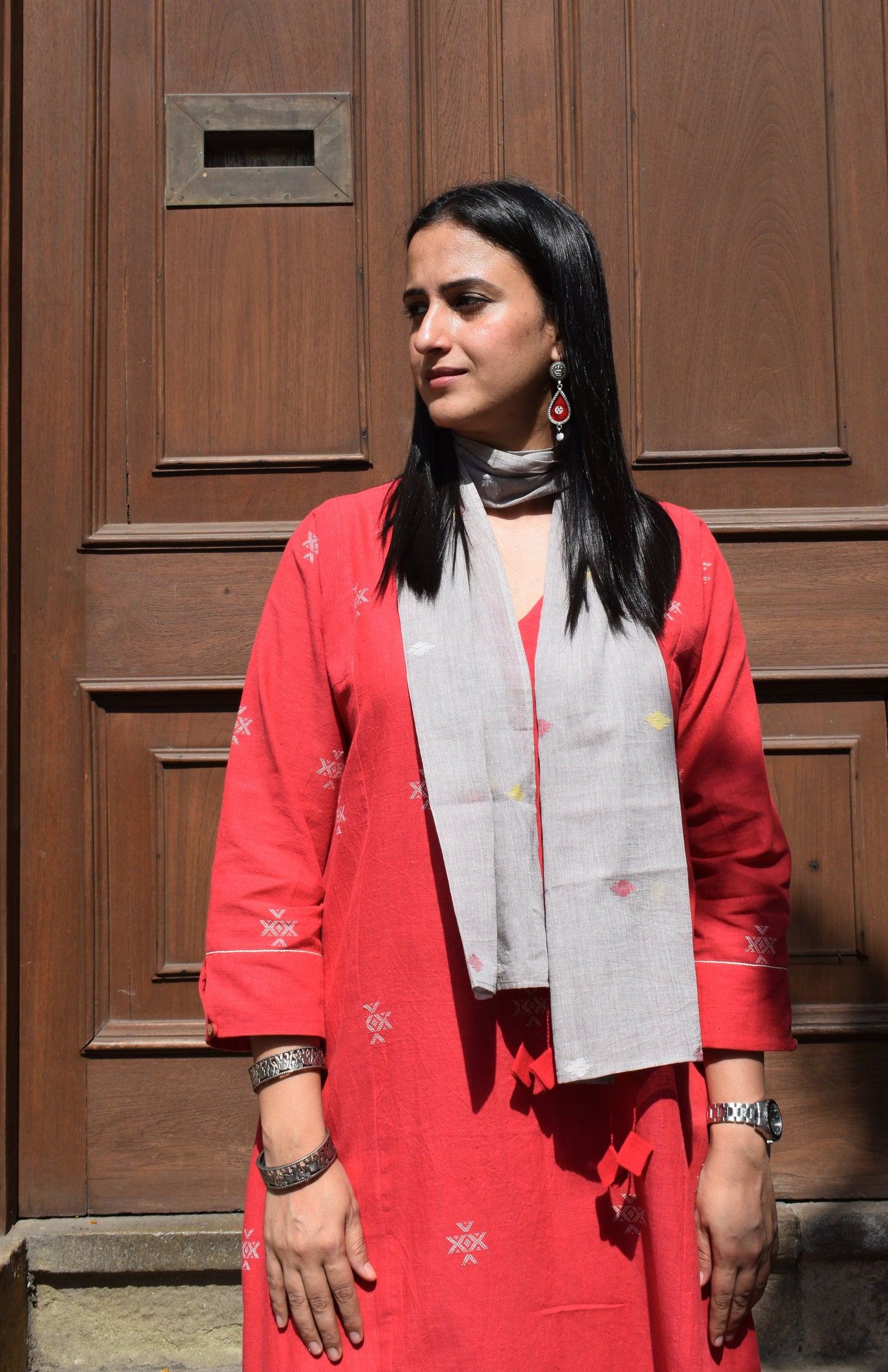 Red A line kala cotton kurta with V neck