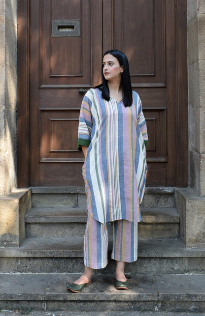 Striped Anti-fit Kala cotton Choga with V neck & Striped Pyjama